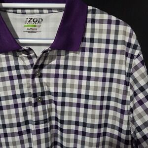 IZOD Performance Golf Polo Shirt XL Plaid Purple White Grey Short Sleeve Men